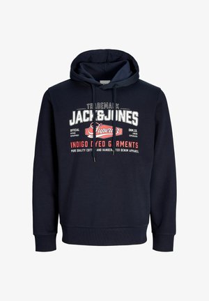 Felpa con cappuccio blu navy con scritta e stampa grafica "Jack & Jones" bianca e rossa sul davanti, comprendente coulisse sul cappuccio.