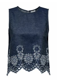Top senza maniche in denim con scollatura rotonda e orlo a scallop. Presenta ricami floreali bianchi lungo il bordo inferiore e una chiusura sul retro.