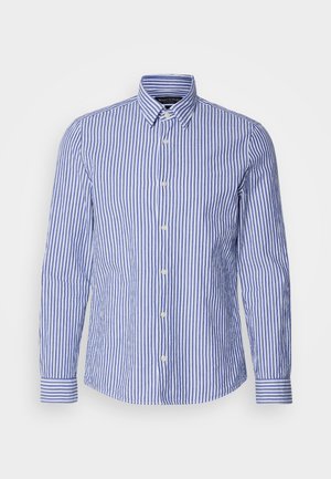 Blau-weiß gestreifte Langarm-Button-Up-Bluse aus gewebter Baumwolle mit klassischem Kragen und abgerundetem Saum. Mit perlenartigen Knöpfen.