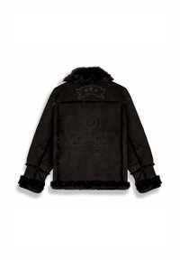 Schwarze Lammfelljacke mit pelzbesetzt Kragen, Bündchen und Saum, mit dezentem besticktem Design und chinesischen Schriftzeichen auf dem Rücken.