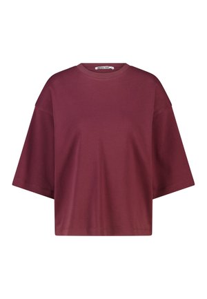 T-shirt met korte mouwen, oversized, bordeauxrood, met ronde hals en afgezakte schouders, afgebeeld op een witte achtergrond.