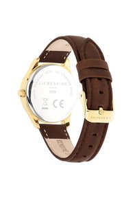 Orologio con cinturino in pelle marrone e cassa in acciaio inossidabile dorato, dotato di un quadrante bianco. Presenta un movimento al quarzo e un logo del marchio impresso sul cinturino.