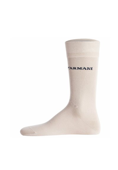 Chaussette beige montante avec revers côtelé et texte "FARMANI" brodé en bleu foncé près du haut.