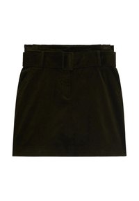 Jupe courte en velours côtelé noir avec une large ceinture assortie et une boucle rectangulaire, poches avant et fermeture avant dissimulée.