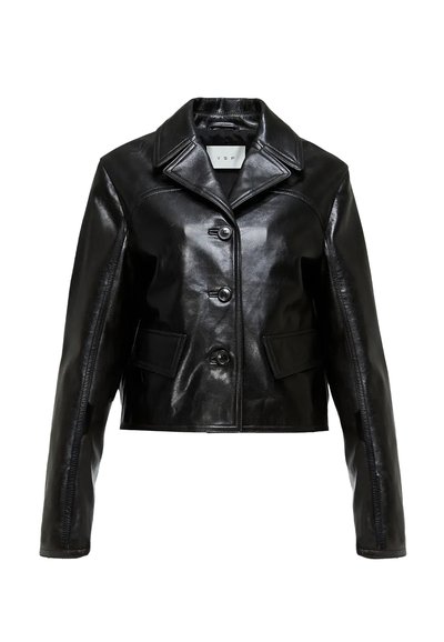 Black leather cropped jacket with a wide collar, four buttons, and two front pockets, featuring a smooth, glossy texture.
