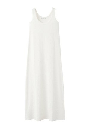 Mouwloze witte maxi-jurk met een ronde halslijn, losse pasvorm en gladde stof, getoond tegen een eenvoudige witte achtergrond.