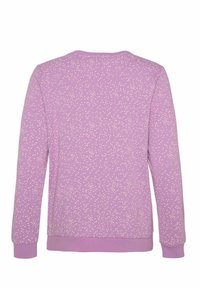Felpa viola con un motivo bianco chiazzato, con colletto rotondo, maniche lunghe e polsini e orlo a costine. Materiale in cotone morbido.