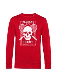 Czerwony sweter z długim rękawem z biały nadrukiem czaszki z skrzyżowanymi rakietami oraz napisem "CENTRE COURT RACKET CLUB". Wykonany z bawełny.