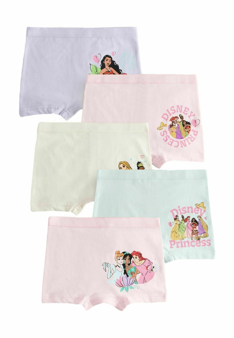 Fem par tjejkalsonger i pastellfärger: ljuslila, rosa, grön och blå. Varje par pryds av grafik av Disney-prinsessor.