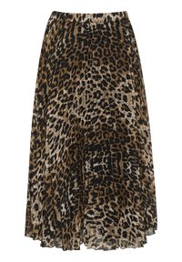 Plisseret midi-skirt i gennemsigtigt sort stof med et leopardprint i brune og cremefarvede nuancer. Elastisk talje for justerbar pasform.