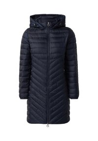 Cappotto puffer blu navy con cappuccio, dotato di chiusura frontale con zip, maniche lunghe e design a cuciture a zigzag. Leggero e isolato.