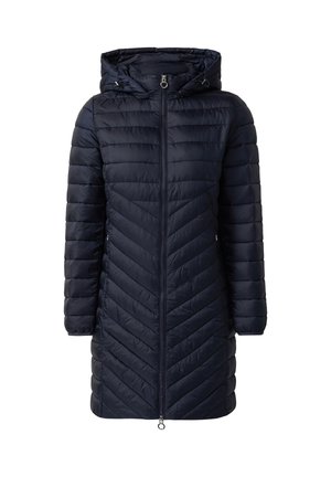 Manteau matelassé bleu marine avec capuche, doté d'une fermeture éclair à l'avant, de manches longues et d'un design en piqûres en chevrons. Léger et isolant.