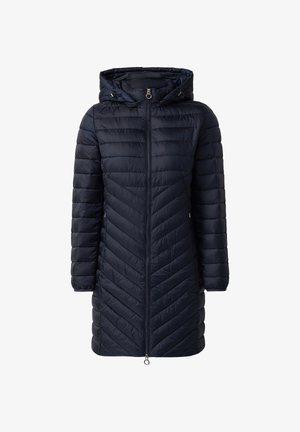 Manteau matelassé bleu marine avec capuche, doté d'une fermeture éclair à l'avant, de manches longues et d'un design en piqûres en chevrons. Léger et isolant.