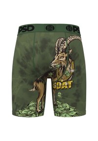 Green boxer briefs with a goat graphic, featuring a money-themed design and gold accents. Made from breathable fabric, machine washable.