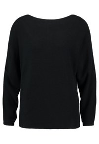 Zwarte lange mouwen geribbelde gebreide trui met een brede ronde halslijn en een losse pasvorm.