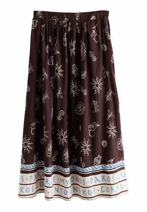 Dunkelbrauner Rock mit weißen abstrakten Mustern und blau gesäumtem Saum mit Namen griechischer Inseln in hellblauem Text.