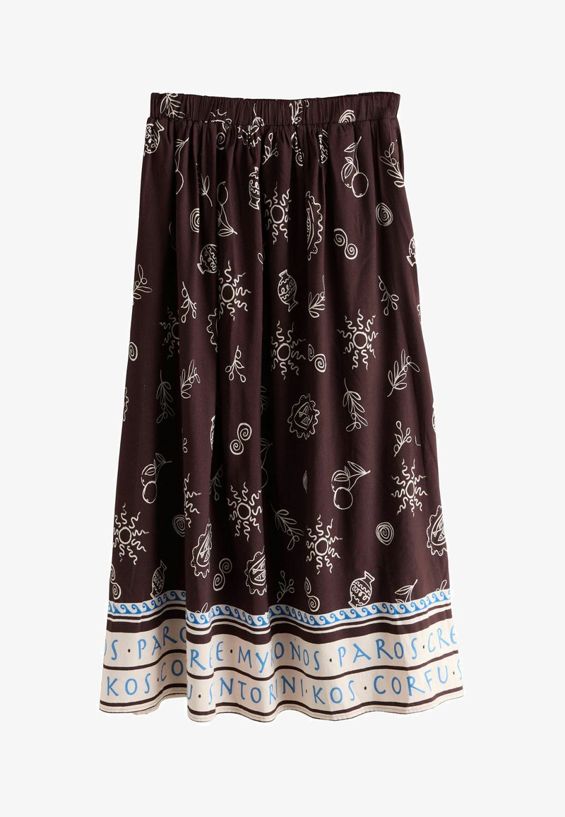 Jupe marron foncé avec des motifs abstraits blancs et un ourlet bordé de bleu présentant les noms des îles grecques en texte bleu clair.