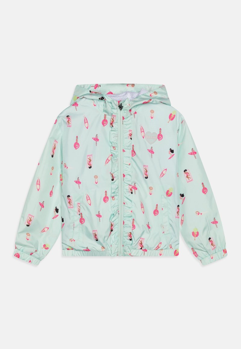 Veste enfant bleu clair à capuche avec fermeture éclair devant et motifs roses sur le thème de la plage comprenant des nageurs, des planches de surf et des bouées.