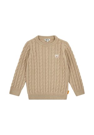 Beige cable knit long-sleeve toddler sweater with crew neck and small teddy bear patch on the left chest.