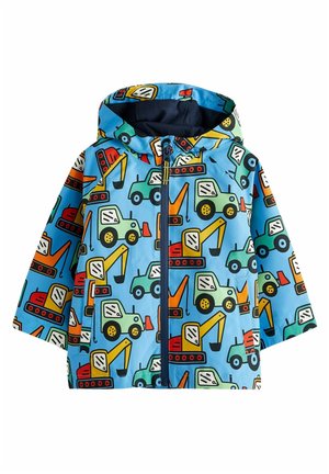 Veste de pluie bleue pour enfants avec motif coloré de véhicules de chantier et fermeture éclair devant, avec capuche.