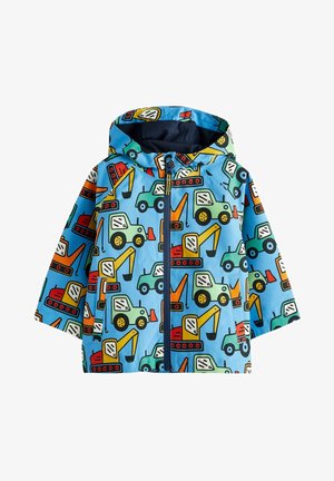 Chaqueta de lluvia azul para niños con un patrón colorido de vehículos de construcción y cremallera frontal, con capucha.