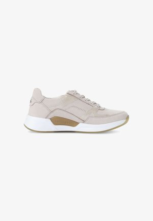 Beige and white sneaker with textured sole, lace-up closure, and "rollingsoft" branding on the side midsole.