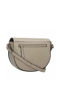 Borsa a tracolla in pelle beige, texturizzata, con forma arrotondata, tasca con zip e una tracolla sottile. Presenta un sottile motivo coccodrillo.