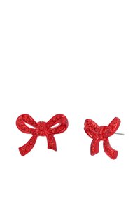 Red resin earrings shaped like bows, featuring a glossy finish and embellished with small red rhinestones. Two sizes shown.