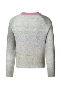 Suéter gris con un efecto degradado ombré, con cuello acanalado rosa y textura suave. Diseñado con mangas raglán y un corte corto.