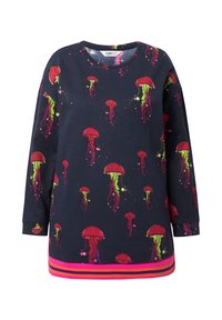 Sudadera azul marino con un patrón de medusas en rojo, púrpura y verde, con un dobladillo a rayas brillantes y mangas largas. Tejido suave de algodón.