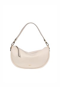 Cremfarbene Schultertasche aus Leder mit halbkreisförmiger Form, einem oberen Reißverschluss und einem goldfarbenen Logo-Akzent. Verfügt über ein kontrastierendes Riemendetail.