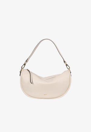 Cream leather shoulder bag with a semi-circular shape, a top zip closure, and a gold-tone logo accent. Features a contrasting strap detail.