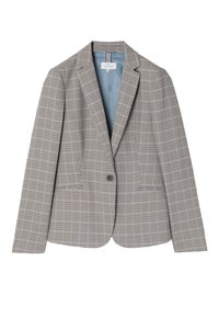 Ruudullinen bleiseri beige ja tummanruskea, jossa on terävät läppät, yksittäinen nappisuljenta ja kaksi etutaskua. Sininen vuori näkyy sisältä.