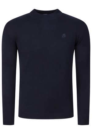 Pull bleu marine foncé à manches longues avec col rond, patch logo subtil sur la poitrine gauche, texture tricot uni, poignets et ourlet côtelés.