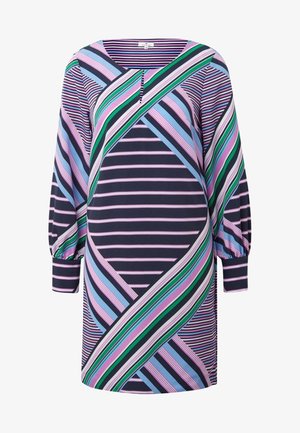 Robe à manches longues présentant un mélange de rayures diagonales et horizontales en violet, rose, vert et bleu sur fond marine. Tissu doux.