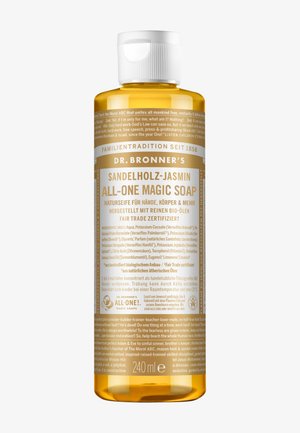 Jabón mágico Dr. Bronner’s All-One de 240 ml con fragancia de sándalo y jazmín, certificado de comercio justo e ingredientes naturales, en una botella transparente color ámbar.
