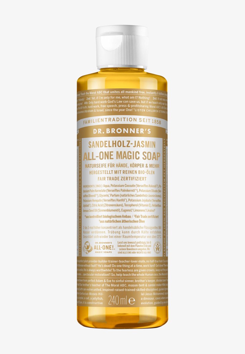 Dr. Bronners 240ml Sandelholz-Jasmin All-One Magic Seife mit Fair-Trade-Zertifizierung und natürlichen Inhaltsstoffen in einer transparenten bernsteinfarbenen Flasche.