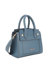 Borsa strutturata blu in materiale testurizzato, con doppio manico superiore, tracolla rimovibile, hardware dorato e dettaglio del logo.