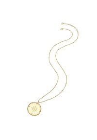 Collana d'oro con un pendente circolare dal design a bussola, con incisioni delle direzioni cardinali e una delicata catena con accenti di perline.