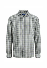 Chemise à manches longues pour hommes dans un motif tartan vert clair et marine. Présente un devant à boutons et un col classique. Fabriquée en tissu tissé.