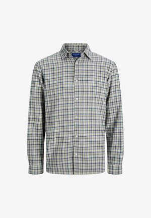 Camisa de hombre de manga larga en un patrón de cuadros en verde claro y azul marino. Presenta un cierre de botones en la parte delantera y un cuello clásico. Confeccionada en tela tejida.