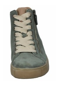 Grüne Wildleder-Hochtop-Sneaker mit beigen Schnürsenkeln, seitlichem Reißverschluss und einer strukturierten Gummisohle. Verfügt über einen gemusterten inneren Kragen.
