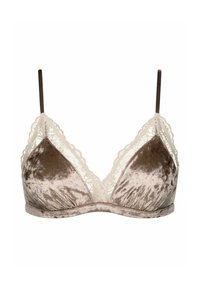 Aksamitny biustonosz w ciepłym odcieniu taupe z kremową koronką, trójkątne miseczki, regulowane brązowe ramiączka oraz gładka faktura.