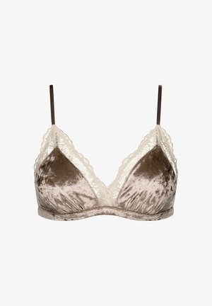 Aksamitny biustonosz w ciepłym odcieniu taupe z kremową koronką, trójkątne miseczki, regulowane brązowe ramiączka oraz gładka faktura.