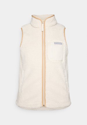 Colete de lã branco com colarinho alto, fecho de correr na frente e acabamento bege. Apresenta um bolso frontal com o logótipo da Columbia. Material suave e texturizado.