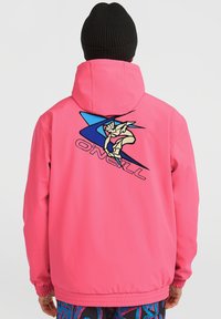 Roze hoodie met elastische manchetten. Voorzien van een grote grafische afbeelding op de achterkant, waarin een surfende figuur is gecombineerd met blauwe accenten.