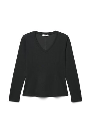 Maglia nera a manica lunga con scollo a V, taglio aderente, orlo leggermente svasato e cucitura centrale visibile su sfondo bianco.