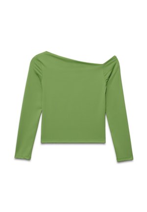 Top de manga larga con escote off-the-shoulder en color verde sólido. Confeccionado en una tela suave, presenta un diseño corto y costuras bien terminadas a lo largo de los bordes.