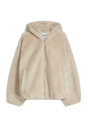 Faux fur beige hoodie jacket with a zip front, side pockets, and a soft texture. Features a relaxed fit and attached hood.