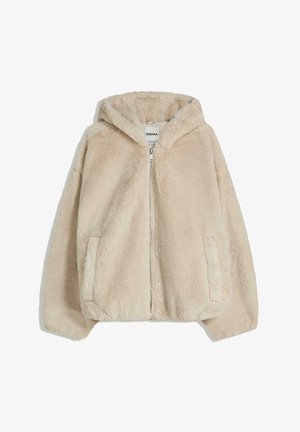 Beiger Kunstfell-Hoodie mit Reißverschluss, seitlichen Taschen und weicher Textur. Verfügt über einen lässigen Schnitt und eine angeschnittene Kapuze.